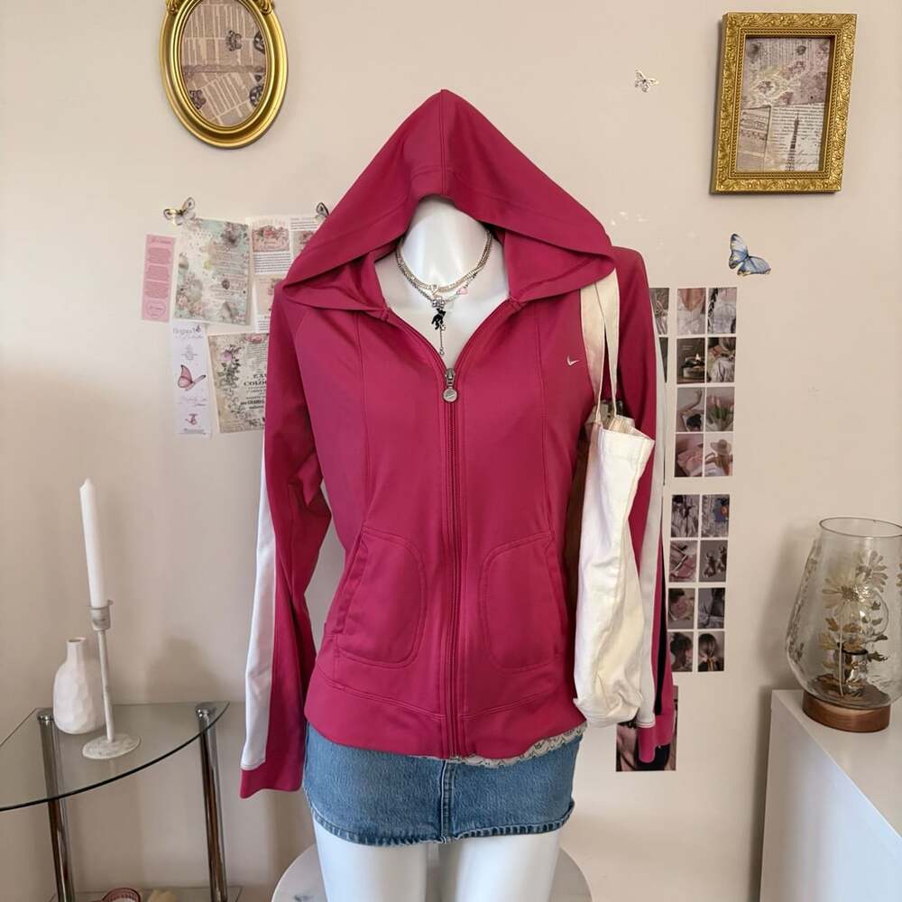 Nike Vintage Hot Pink Full Zip Track Jacket With White And Navy Side Stripes